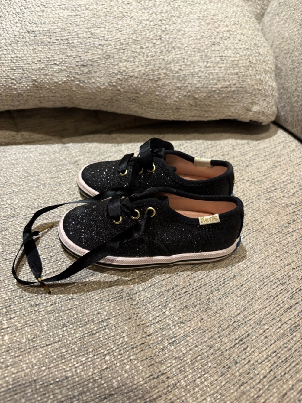 kate spade Kids Black Glitter Sneakers with Satin Ribbon Laces